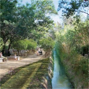 Des canaux sont prévus pour récupérer les eaux de pluie du site et ainsi irriguer les Platanes existants